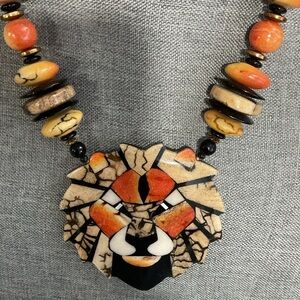 Vintage Coral Mosaic Lion Pendant Statement Necklace. 1970’s. Rare